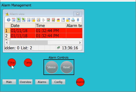 Alarm management HMI screen