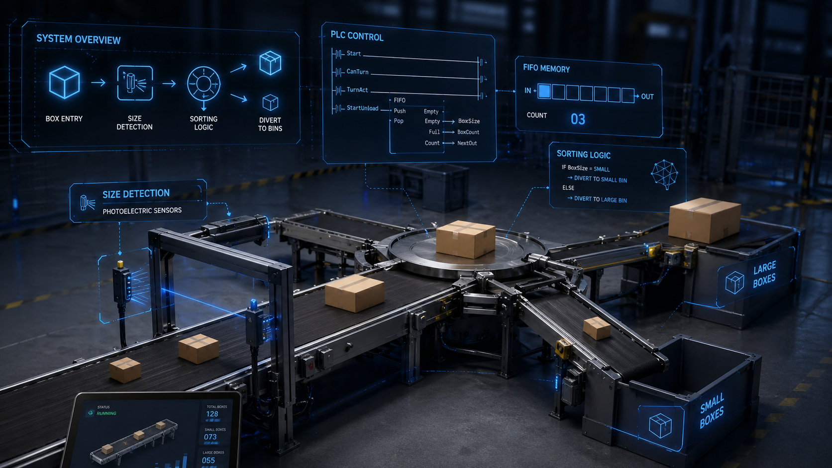 Factory IO box sorting system overview